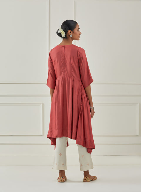 RUST ASYMMETRIC KURTA PANT SET OF 2