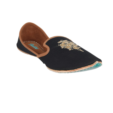 KASHMIRI KASHIDA - BLACK SUEDE WITH INTRICATE EMBROIDERY CREST