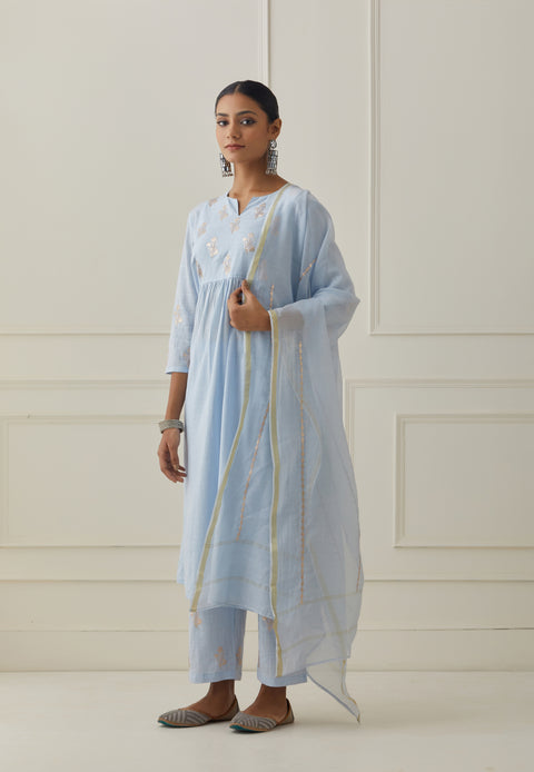 SKY BLUE  SLUB SET WITH CHANDERI  DUPATTA - SET OF 3