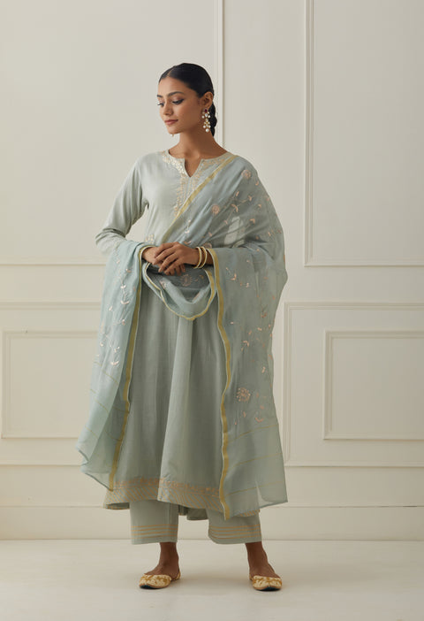 OLIVE MINT GREEN CHANDERI DUPATTA WITH PITTAN JAAL