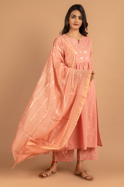 Rose Pink Chanderi duppatta with pittan lines