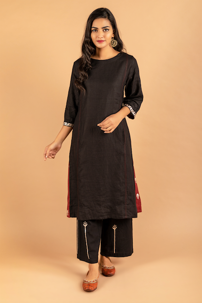 Black linen Kurta and pant- set of 2