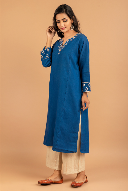 Indigo blue Matka silk Kurta and pant-set of 2