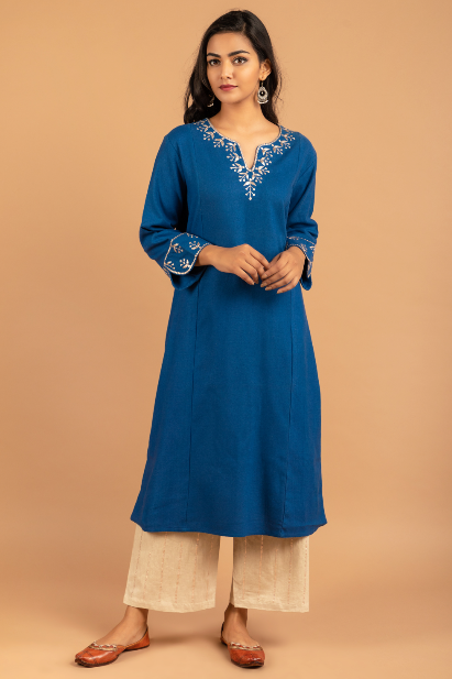 Indigo blue Matka silk Kurta and pant-set of 2