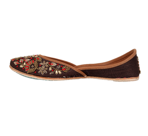 TANJORE - BROWN SUEDE WITH GOLD MOTI & RESHAM JUTTI