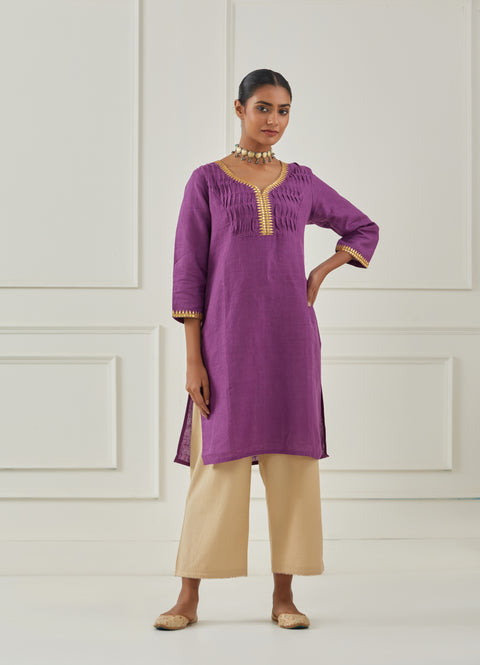 PURPLE GOTA NECK WORK LINEN KURTA